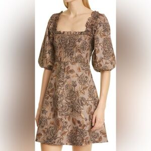 Ganni Floral Puff Sleeve Mini Dress in Brown and Tan